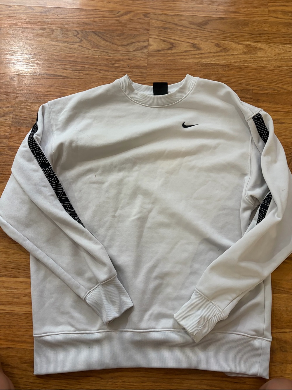 Nike White Crewneck Sweatshirt with Black Swoosh and Sleeve Tape